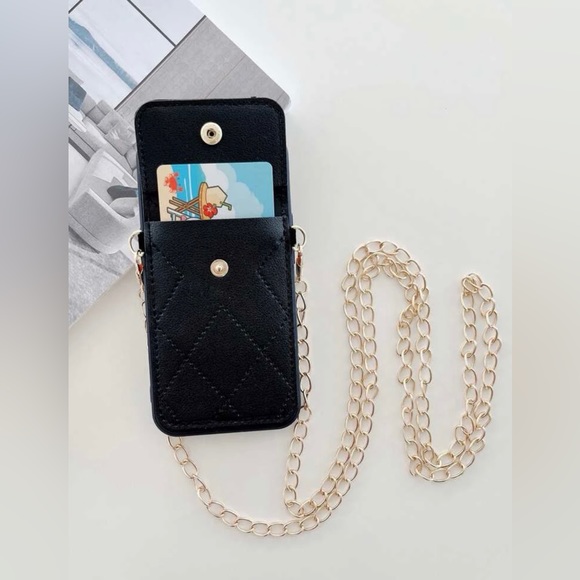 Black iPhone 13 case with gold chain and pocket on the back. New, never used. - Picture 3 of 4